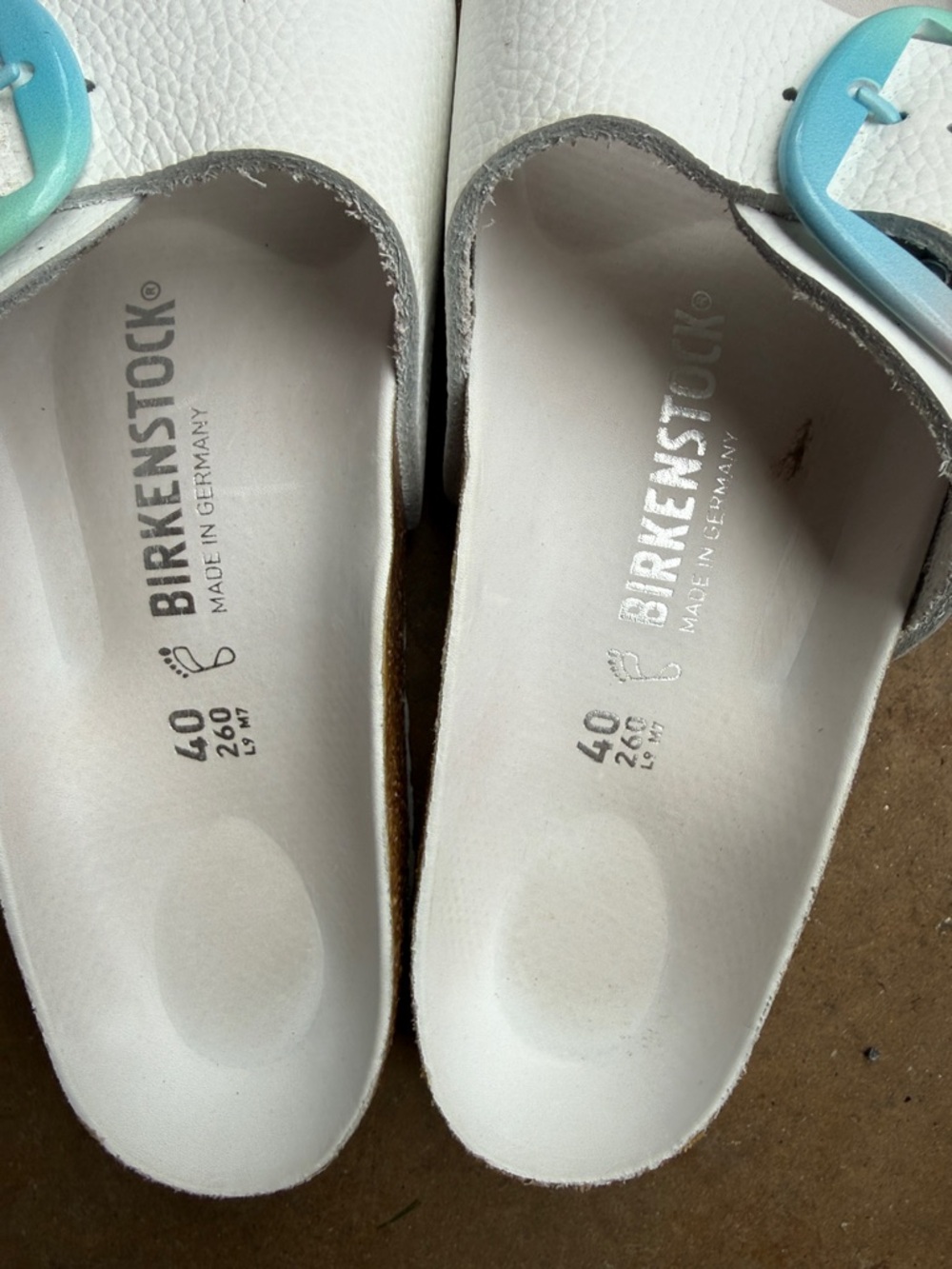 Birkenstock women’s  White Slide Sandals with Pastel Rainbow Buckles GUC - Picture 6 of 7